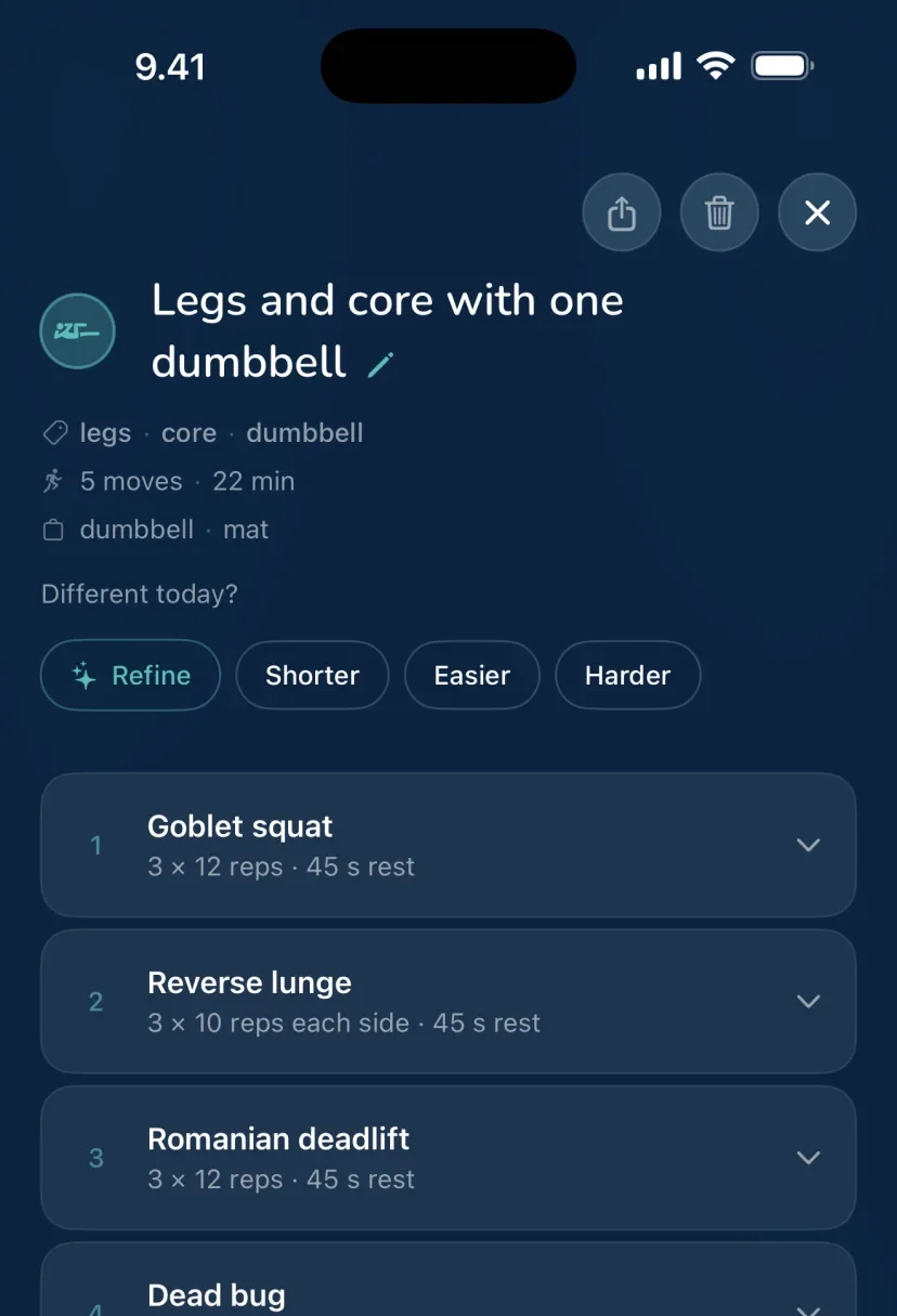 A Yafa workout, Legs and core with one dumbbell: Different today? with Refine, Shorter, Easier and Harder, and the moves with their sets, reps and rest.