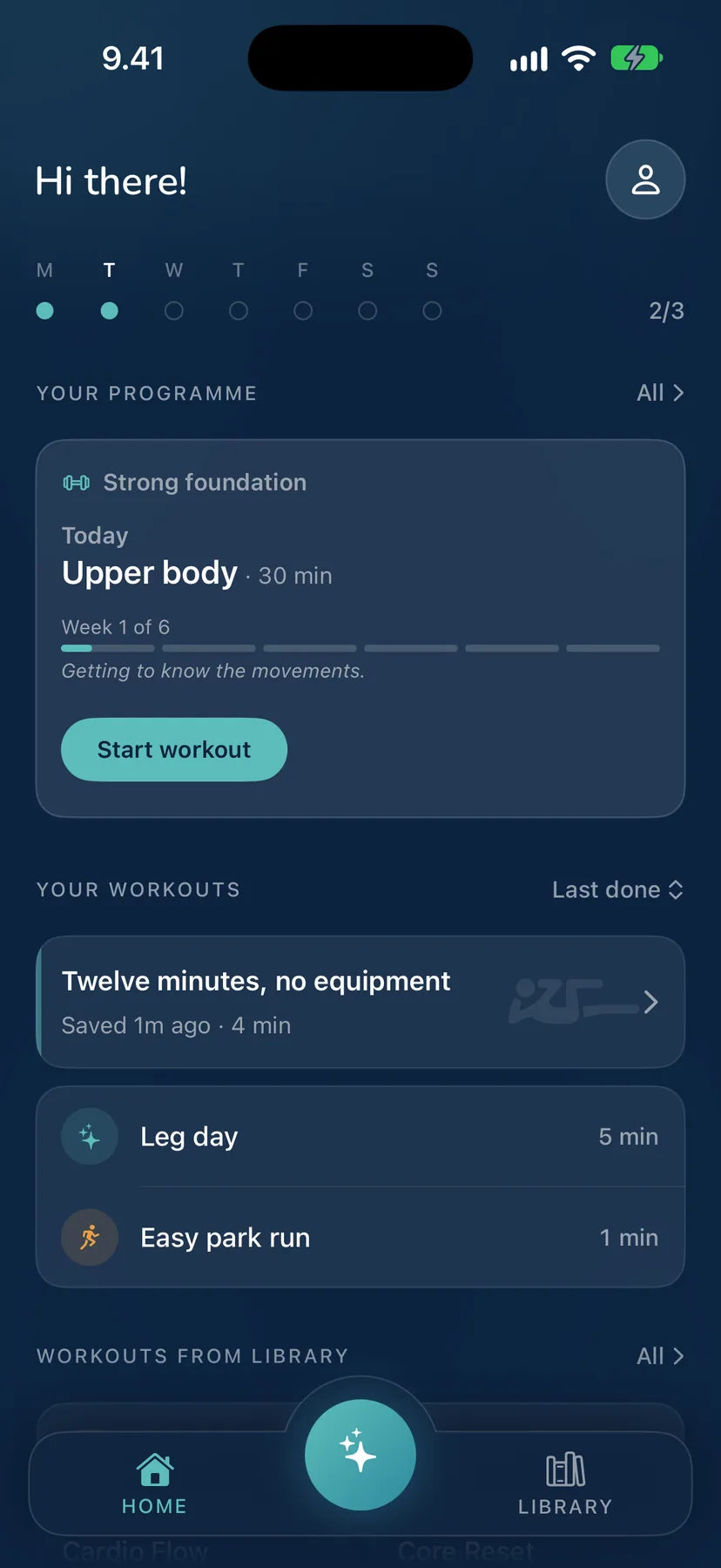 Yafa Home with a programme under way: Strong foundation, today Upper body for 30 minutes, week 1 of 6, and a Start workout button.