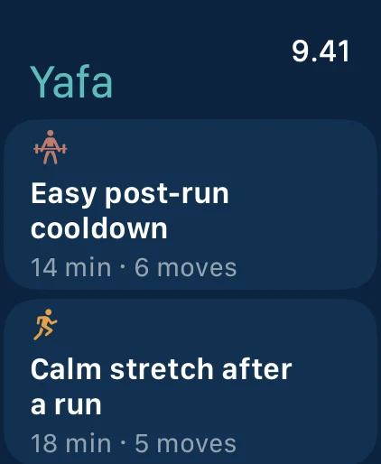 Yafa on Apple Watch: a list of saved workouts, including Easy post-run cooldown, 14 min and 6 moves.