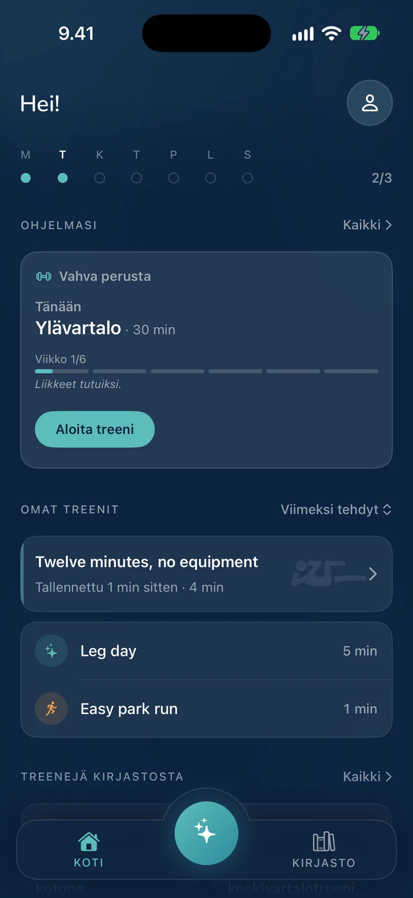 Yafan Koti, jossa ohjelma on käynnissä: Vahva perusta, tänään ylävartalo 30 minuuttia, viikko 1/6, ja Aloita treeni -nappi.