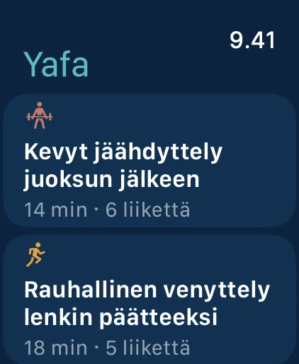 Yafa Apple Watchissa: tallennettujen treenien lista, esimerkiksi Kevyt jäähdyttely juoksun jälkeen, 14 min ja 6 liikettä.