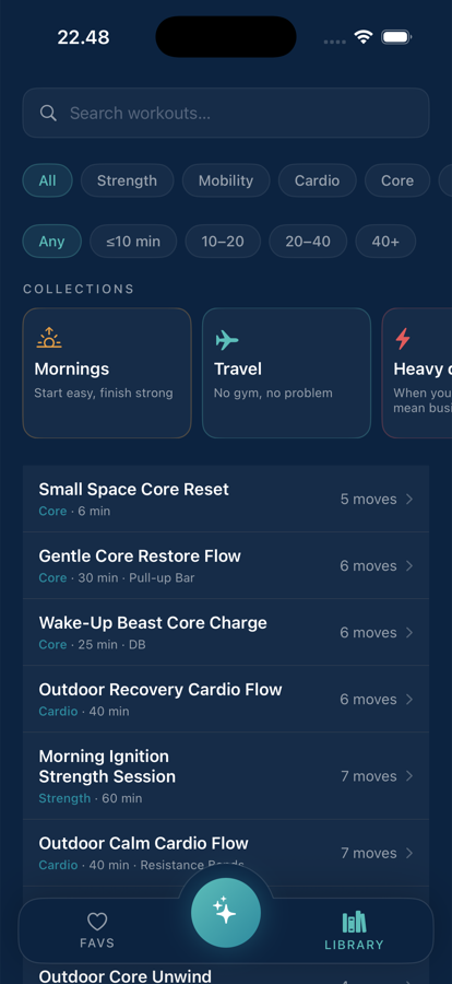 The Yafa library: a search field, category and duration filters, collections including Mornings and Travel, and a list of workouts with their category, length and move count.