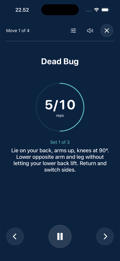 A guided Yafa session: move 1 of 4, Dead Bug, a ring counting 5 of 10 reps, set 1 of 3, with form instructions and a pause button.